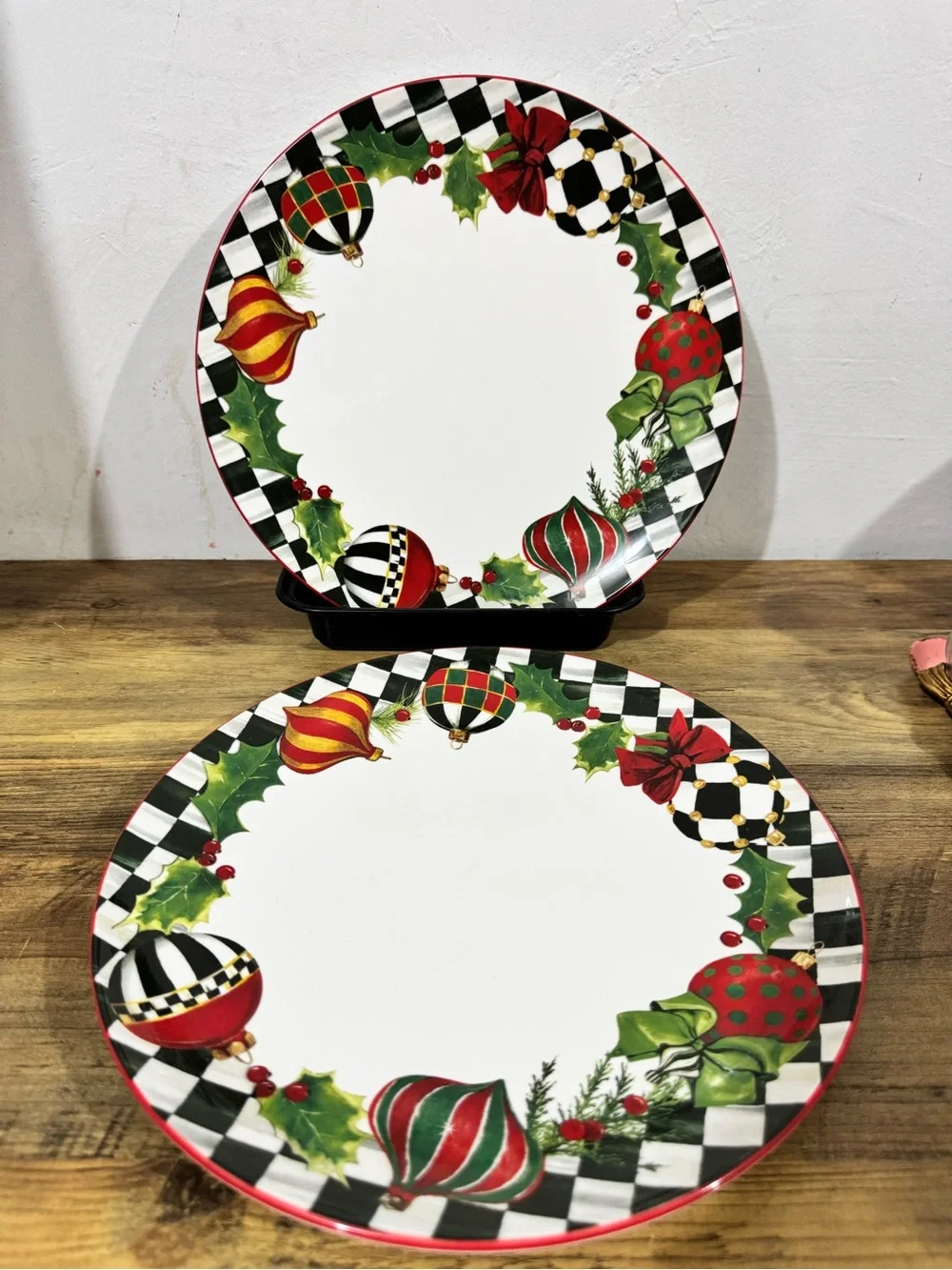 Festive Holiday Ornament Dinner Plates - Red, Green, Black 2 large plates
